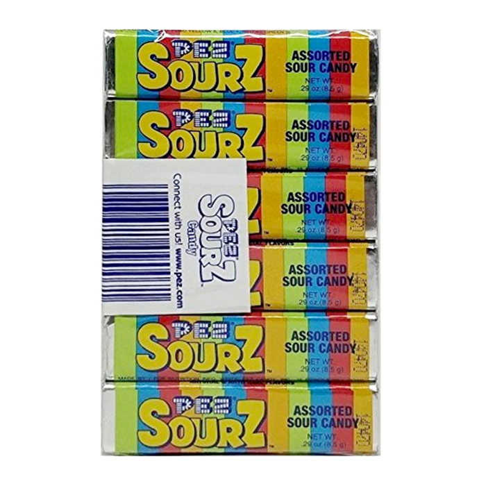 Front of PEZ Candy Rolls Sourz pack showing colourful assorted candy rolls with 'PEZ Sourz' logo and 'Assorted Sour Candy' label (50g)