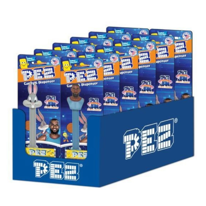 Front of Pez Candy Dispenser Space Jam showing vibrant characters, including Bugs Bunny and LeBron James, with a 24.7g label