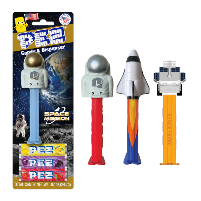 Front of Pez Candy Dispenser Space Mission packaging displaying three dispensers: astronaut, rocket, and Mars rover (24.7g)