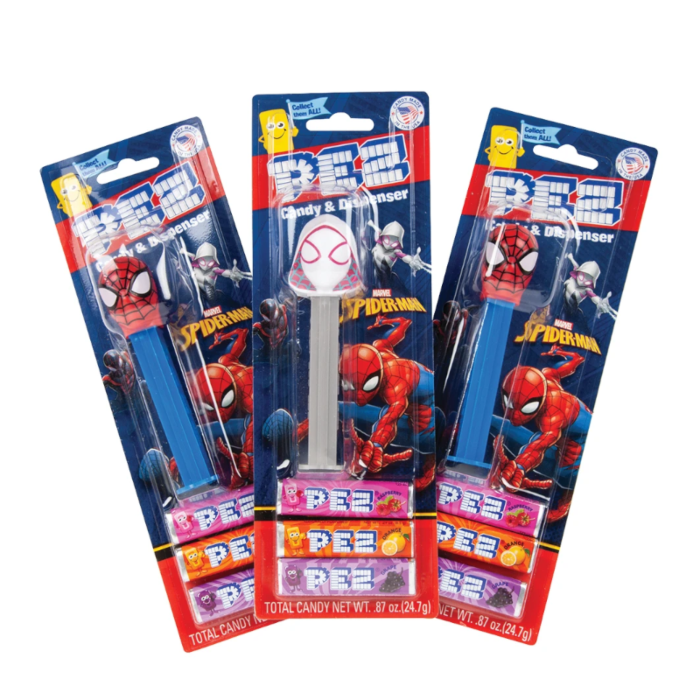 Front of Pez Candy Spider-Man Collection showing illustrated Spider-Man characters, logo, and 24.7g pack size