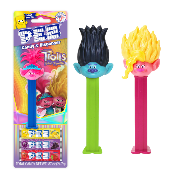 Front of Pez Candy Dispenser Trolls package showcasing two vibrant dispensers with colourful hair and character faces, 24.7g total candy.