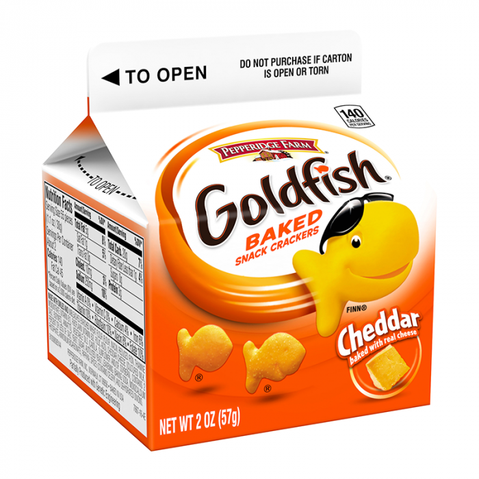 Front of Pepperidge Farm Goldfish Crackers Cheddar Carton showing the logo, cheddar flavour label, and baked snack crackers (57g pack)