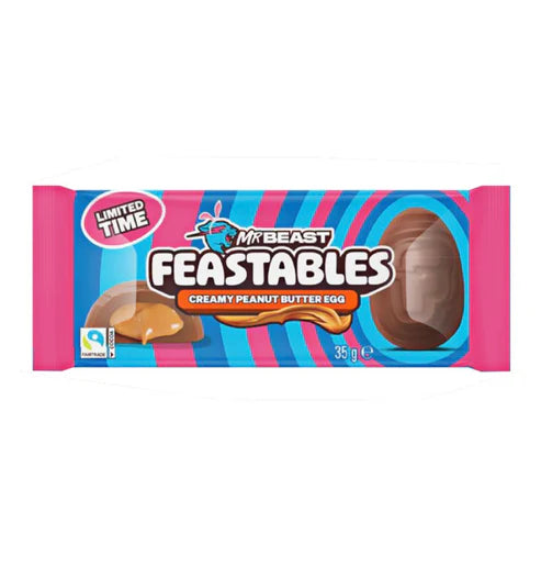 Front of Mr Beast Feastables Peanut Butter Egg package showing logo, creamy peanut butter illustration, and 35g size