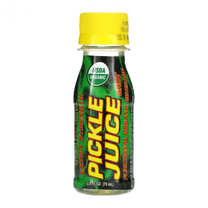 Front of Pickle Juice Extra Strength Shot bottle showing bold green label with yellow cap, 'Extra Strength' and '75ml' clearly indicated.