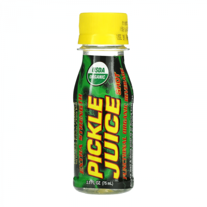 Front of Pickle Juice Extra Strength Shot bottle showing bold green label with yellow cap, 'Extra Strength' and '75ml' clearly indicated.