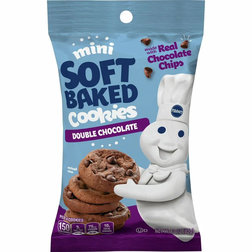 Front of Pillsbury Soft Baked Double Chocolate Cookies bag featuring the logo, image of cookies, and chocolate chips (85g pack)