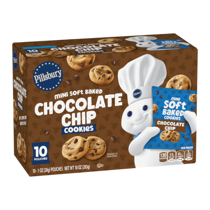 Front of Pillsbury Soft Baked Chocolate Chip Cookies box showing logo, mini soft baked chocolate chip cookies, and 10 pack details (283g)