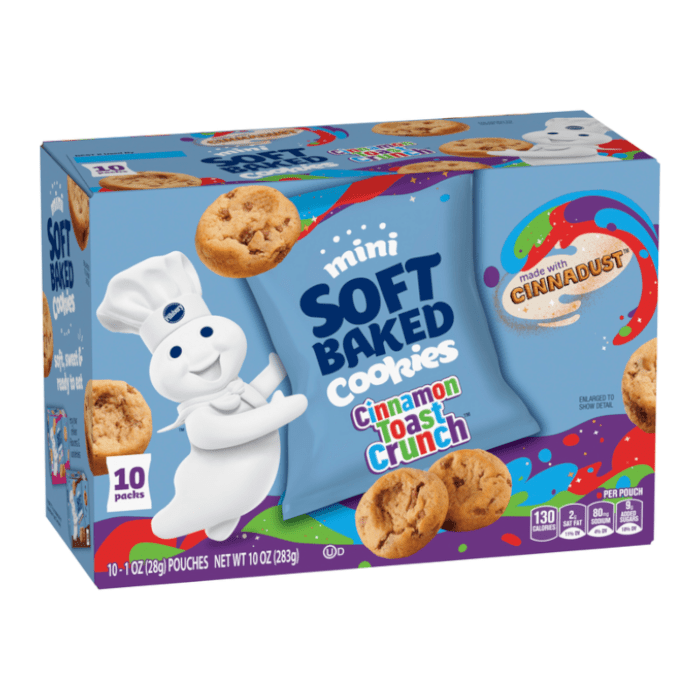 Front of Pillsbury Soft Baked Cinnamon Toast Crunch Cookies box showing logo, flavour label, and 10-pack detail (10 x 28g)