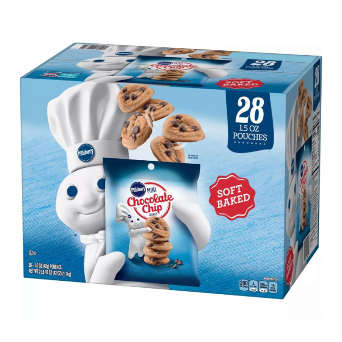 Front of Pillsbury Soft Baked Mini Chocolate Chip Cookies box showing brand logo, chocolate chip cookies, and pack size (28 x 42g)