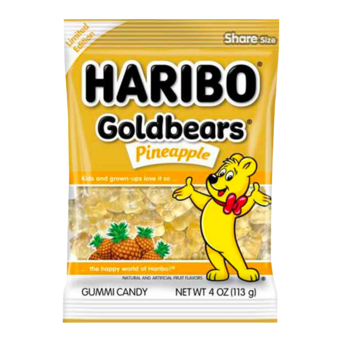 Front of Haribo Gold Bears Pineapple Limited Edition bag showing brand logo, pineapple flavour label, and image of gummy bears (113g pack)