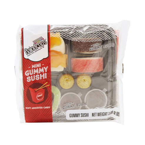 Front of Raindrops Gummy Sushi pack showing logo, assorted gummy sweets shaped like sushi, and net weight of 85g.