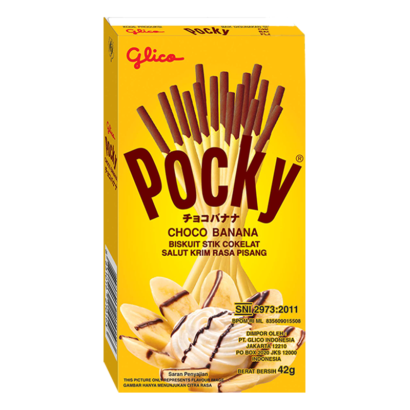 Front of Pocky Sticks Choco Banana box showing yellow packaging, logo, and images of the chocolate-coated biscuit sticks with banana cream (70g pack)