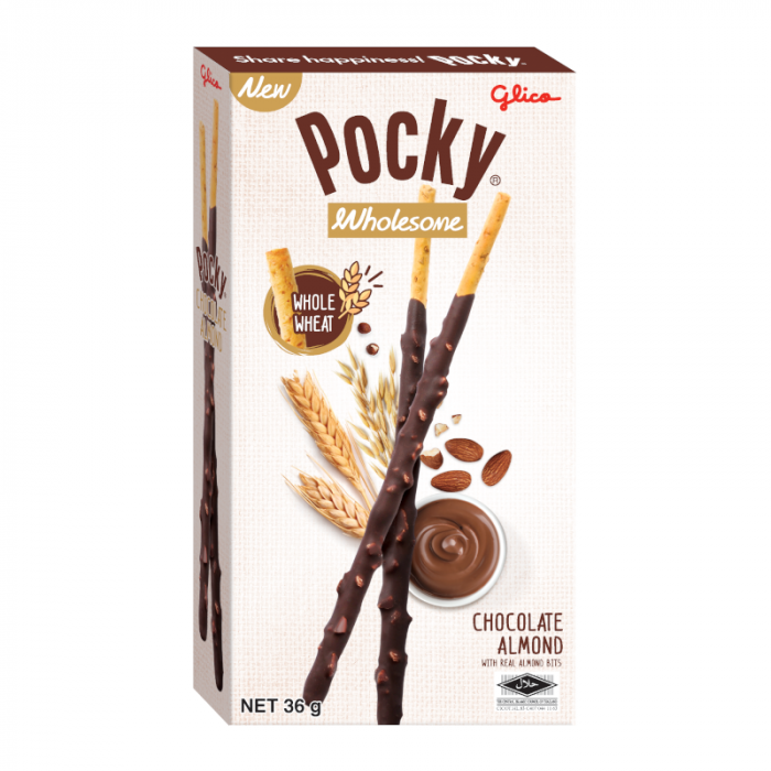 Front of Pocky Sticks Chocolate Almond box showing brand logo, chocolate almond flavour, and crunchy stick design (36g pack)