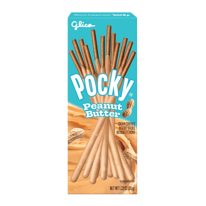 Front of Pocky Peanut Butter box showing logo, biscuit sticks with peanut butter coating, and pack size (35g)
