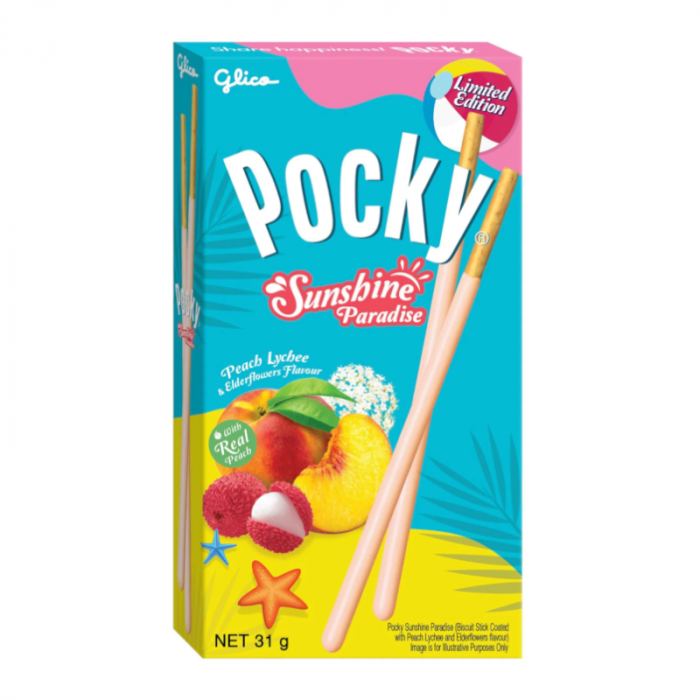 Front of Pocky Summer Paradise box showing brand logo, peach lychee and elderflower flavour details, and the 29g pack size.
