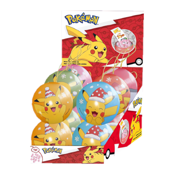 Front of Pokemon Christmas Bauble showing colourful bauble designs featuring Pikachu in a Santa hat and a filling of jelly beans.
