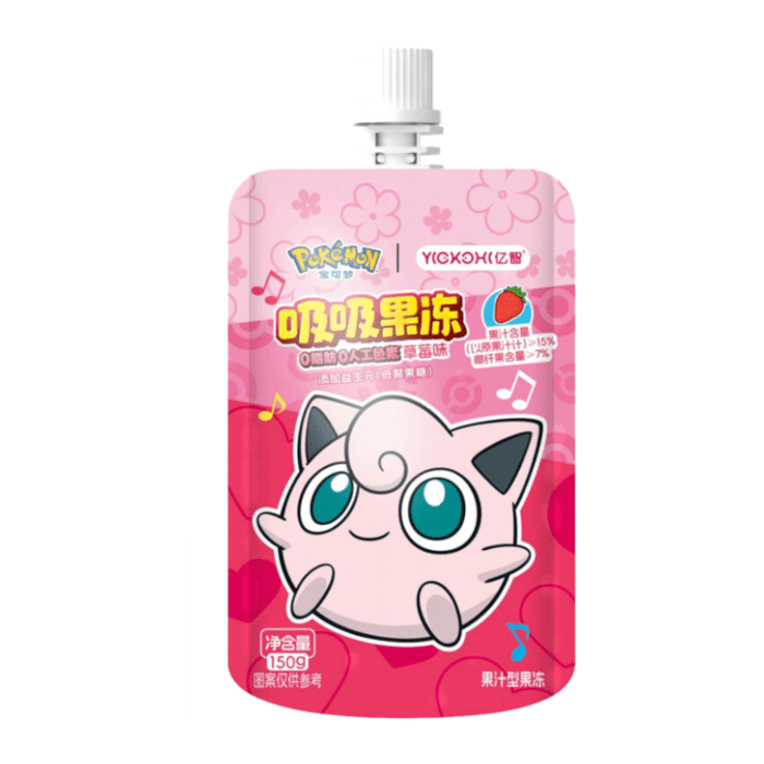 Front of Pokemon Jelly Squeeze Candy Strawberry pouch featuring a cute character graphic, vibrant pink packaging, and strawberry flavour label (150g)