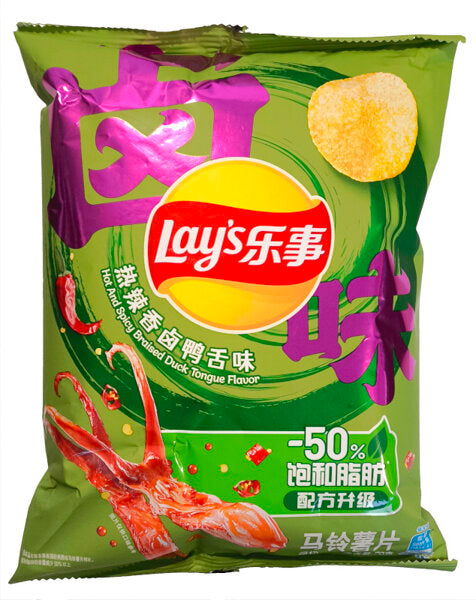 Front of Lay’s Hot and Spicy Braised Duck Tongue (China) bag showing vivid green colour, duck tongue flavour label, and iconic Lay's logo (70g pack)