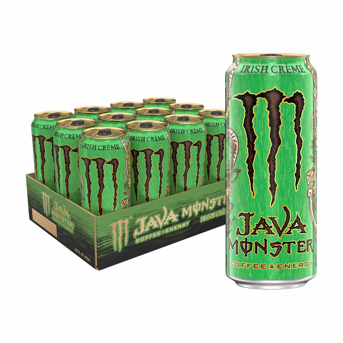 Front of Monster Java Irish Creme can showing bold green design, Irish cream flavour label, and pack of 12 (443ml cans)