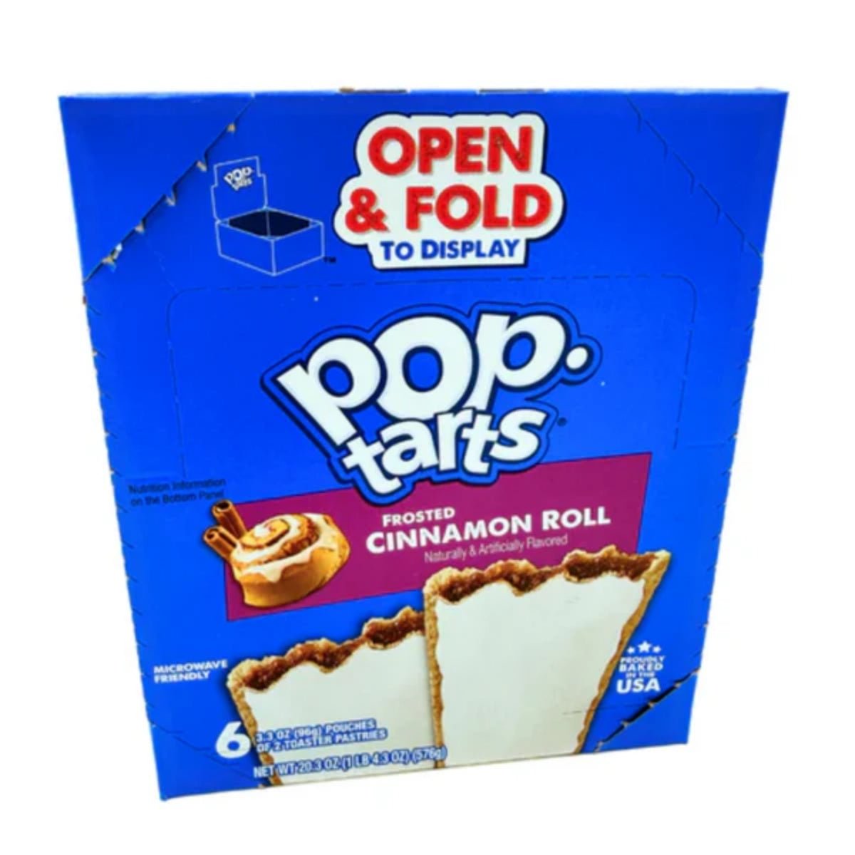 Front of Pop Tarts Frosted Cinnamon Roll box showing logo, cinnamon roll flavour, and image of frosted pastries (12 pack)