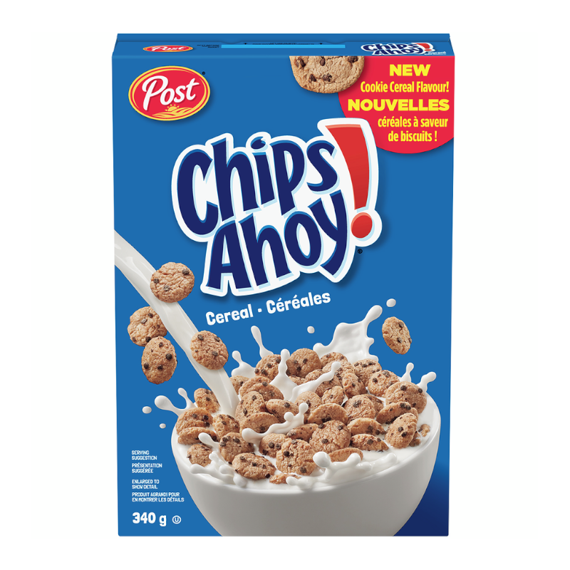 Front of Chips Ahoy! Cereal box showing blue logo, cookie cereal with milk in a bowl, and 340g pack size