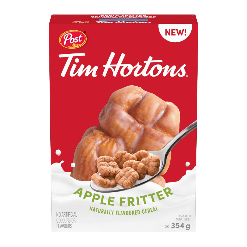 Front of Tim Hortons Apple Fritter Cereal box featuring the logo, apple fritter imagery, and clear product name with pack size of 354g.