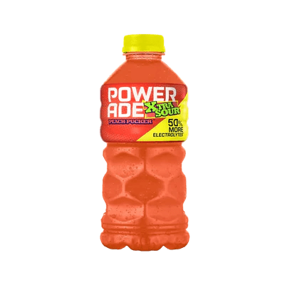 Front of Powerade Xtra Sour Peach Pucker bottle showing vibrant logo, sour peach flavour label, and 828ml pack size.