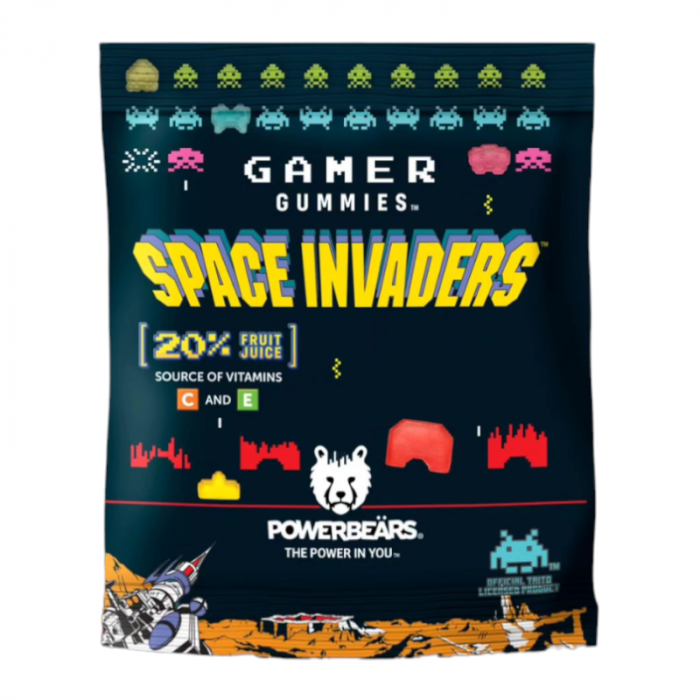 Front of Powerbears Space Invaders bag featuring colourful gummy shapes, vibrant logo, and 125g pack label