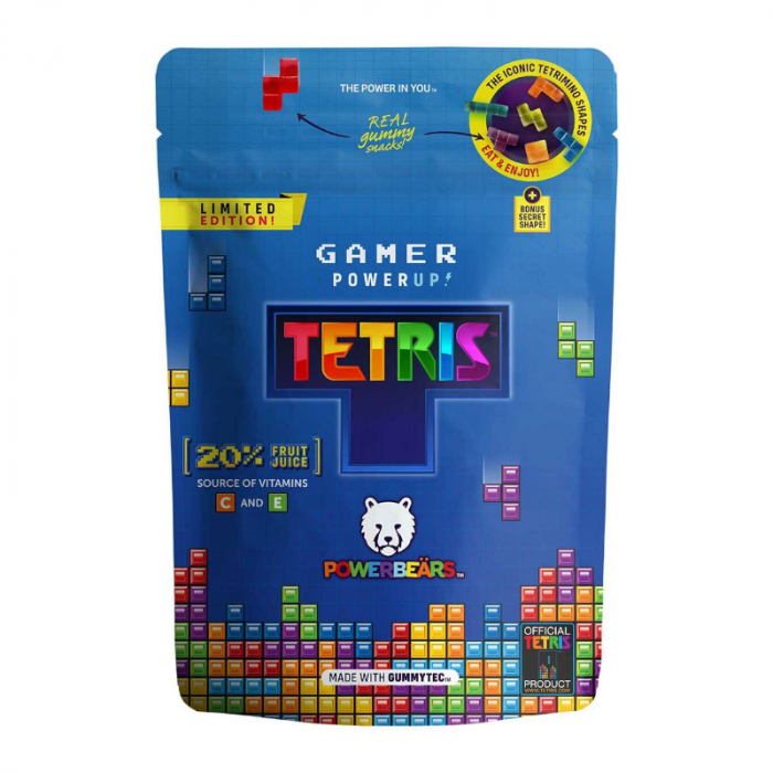 Front of Powerbears Tetris Gummies pack featuring colourful Tetris block shapes, brand logo, and 125g size indication.