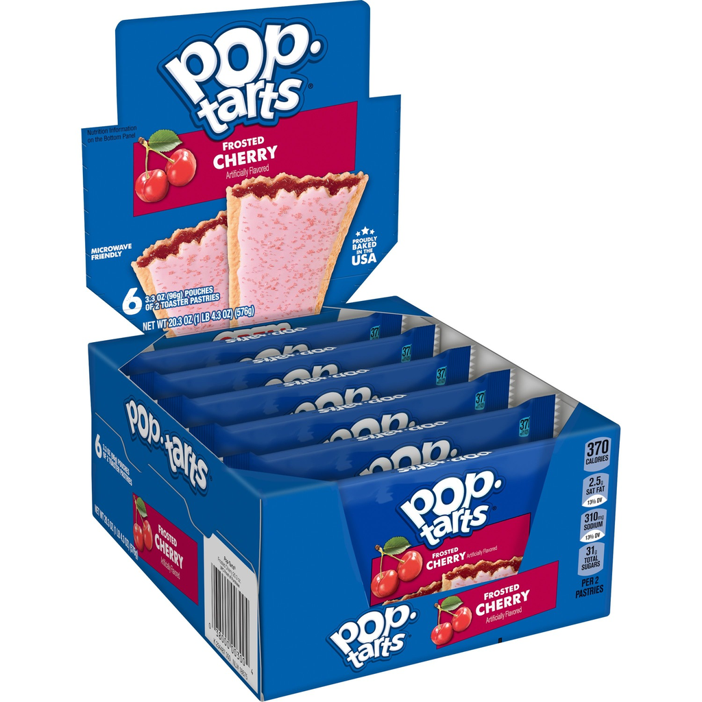 Front of a Pop Tarts Frosted Cherry 12 Pack (576g) box showing the logo, cherry flavour, and toaster pastries