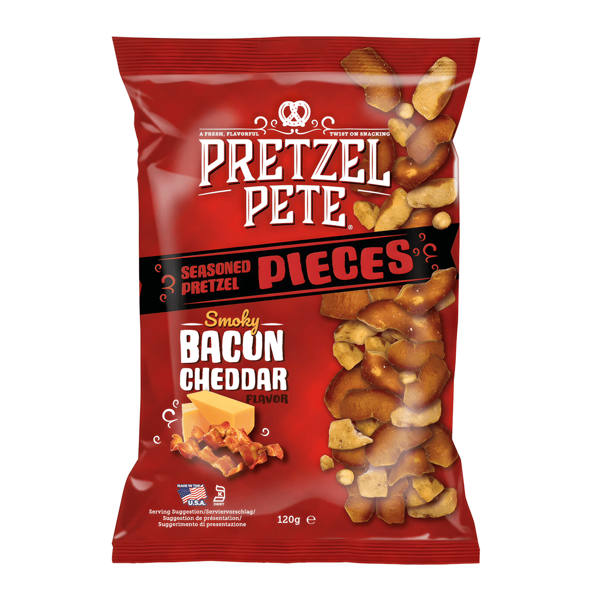 Front of Pretzel Pete Smoky Bacon Cheddar Seasoned Pretzel Pieces bag showing bold logo, smoky bacon cheddar design, and crunchy pretzel pieces (120g pack)
