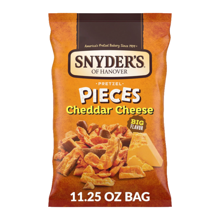 Front of Snyder's Pretzel Pieces Cheddar Cheese BIG BAG showing the logo, cheesy pretzel pieces, and 318g pack size.