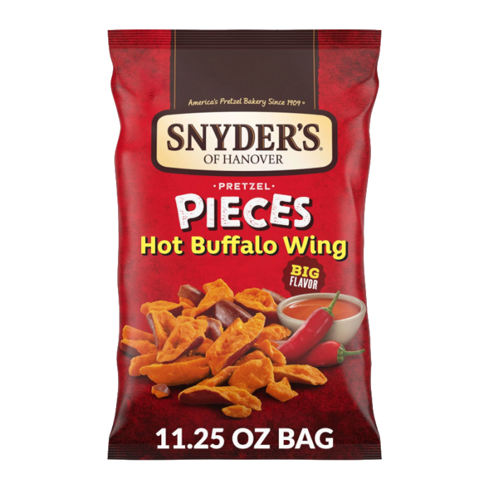 Front of Snyder's Pretzel Pieces Hot Buffalo Wing bag featuring bold red design, logo, and spicy pretzel pieces (318g bag)