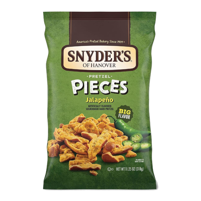 Front of Snyder's Pretzel Pieces Jalapeno BIG BAG showing green packaging, bold pretzel pieces, jalapeno flavour label, and pack size of 318g