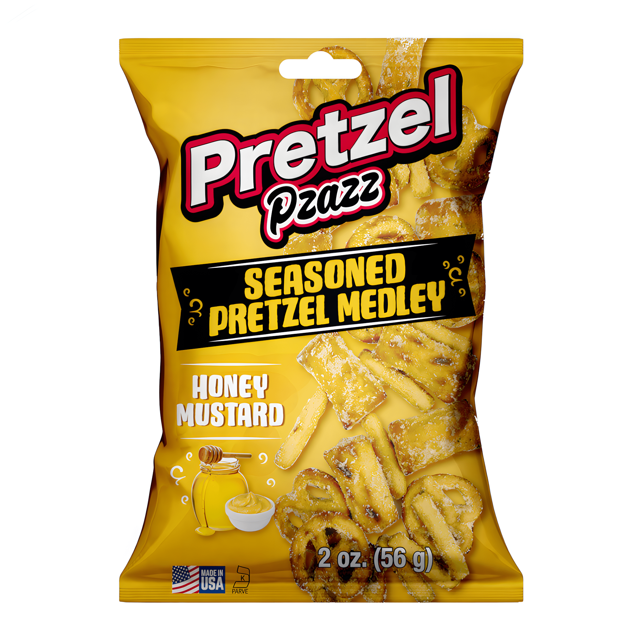 Front of Pretzel Pzazz Honey Mustard Seasoned Pretzel Pieces bag showing logo, honey mustard flavour description, and 56g pack size.