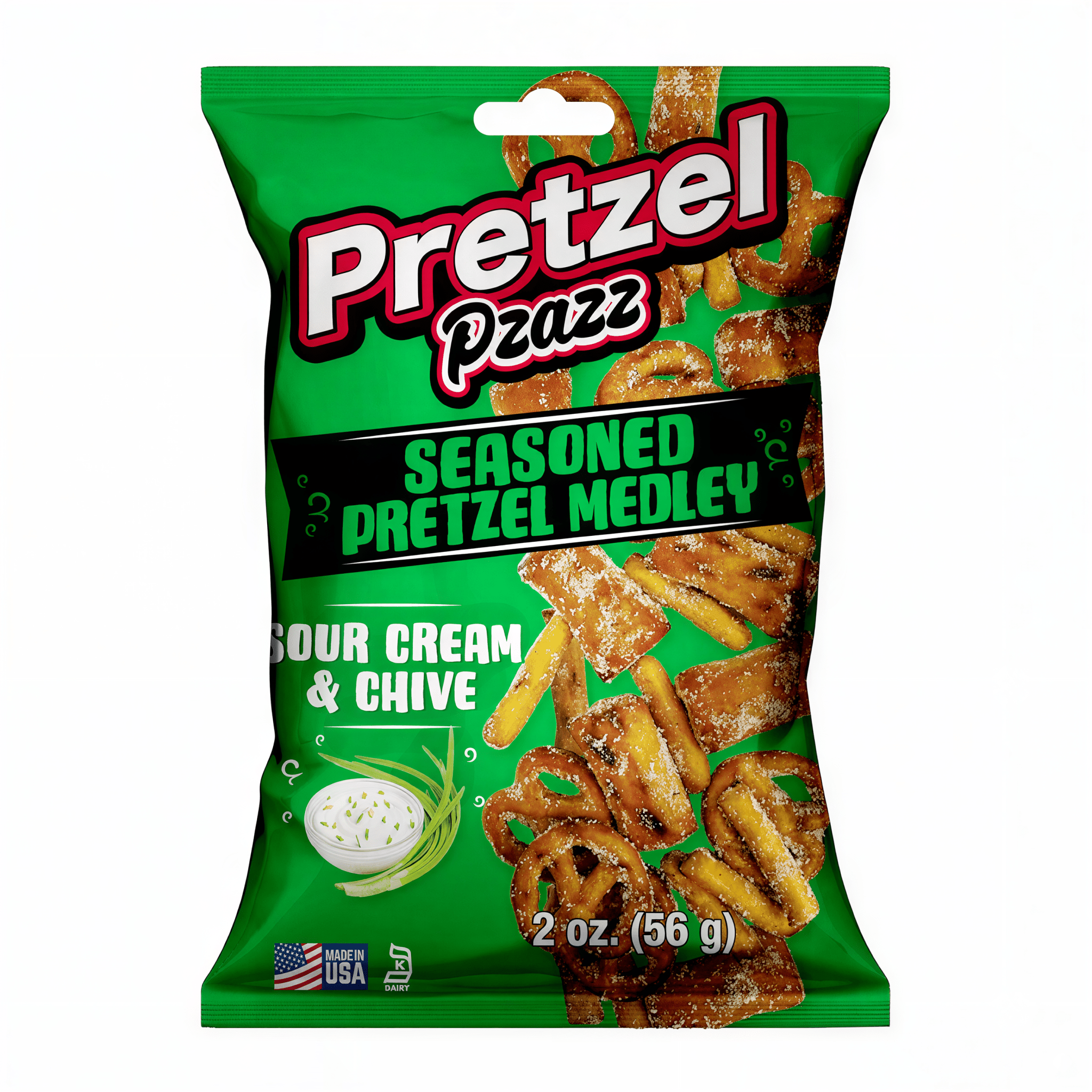 Front of a green bag of Pretzel Pzazz Sour Cream & Chive showing the logo and seasoned pretzel mix (57g pack)