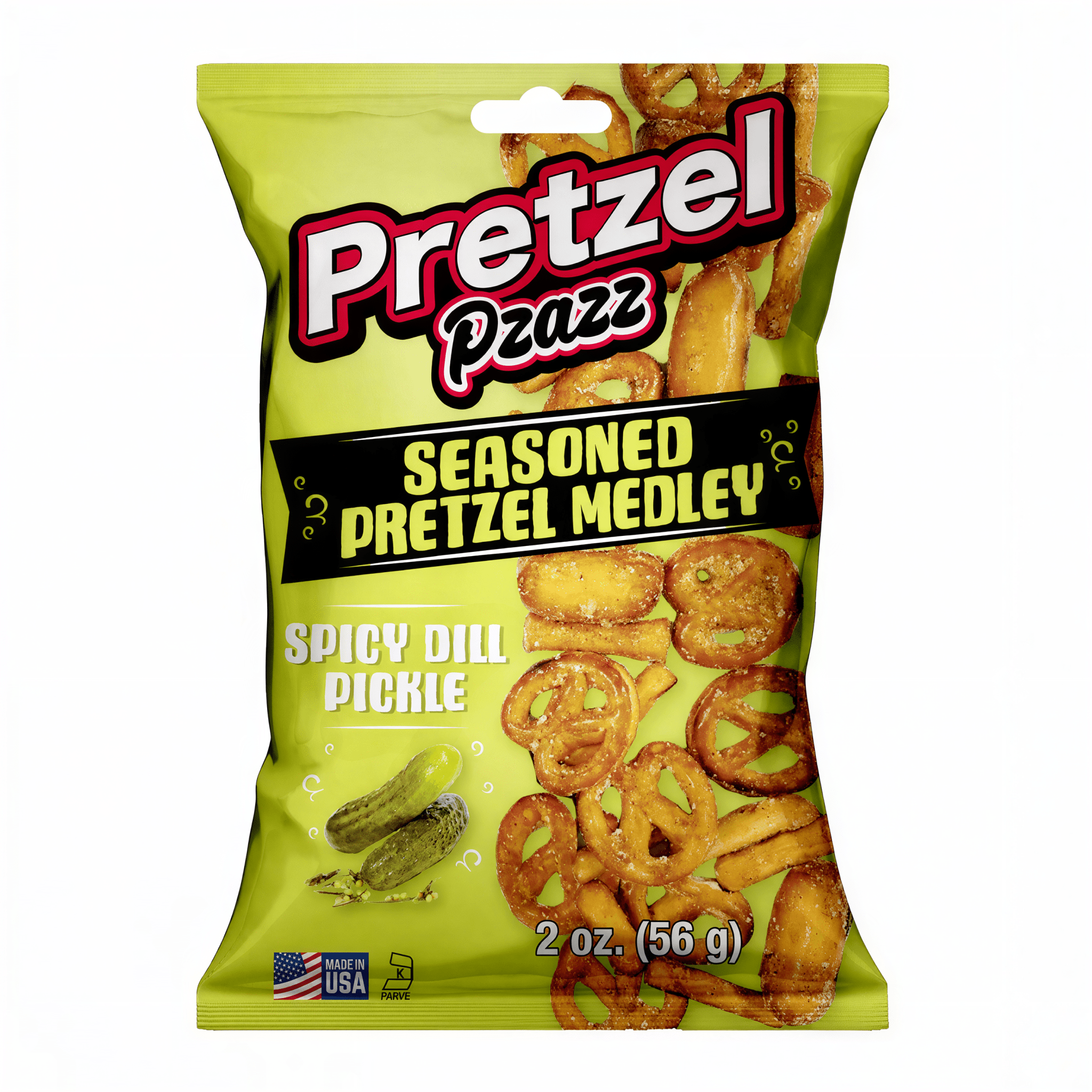 Front of Pretzel Pzazz Spicy Dill Pickle bag showing the logo, seasoned pretzel medley, and pickle illustration (57g pack)