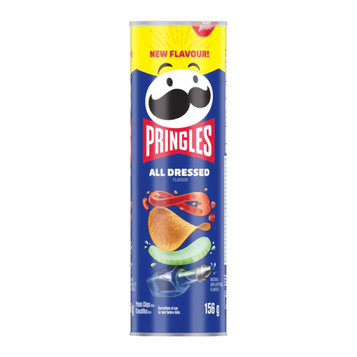 Front of Pringles All Dressed canister showing the logo, flavour visuals, and pack size (158g)