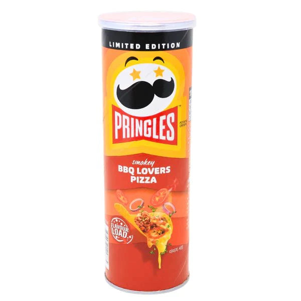Front of Pringles BBQ Lovers Pizza tube showing the logo, smokey BBQ flavour, and vibrant packaging (102g)