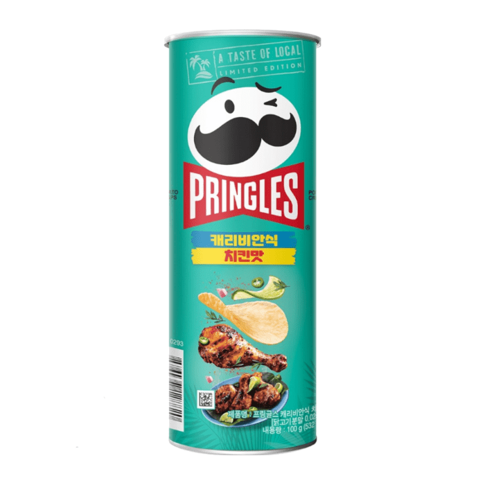 Front of Pringles Caribbean Spiced Chicken Flavor can featuring the logo with a colorful design showing chicken and green accents (100g pack)