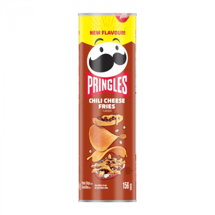 Front of Pringles Chili Cheese Fries tube showcasing the logo, flavour details, and vibrant imagery with pack size (158g)