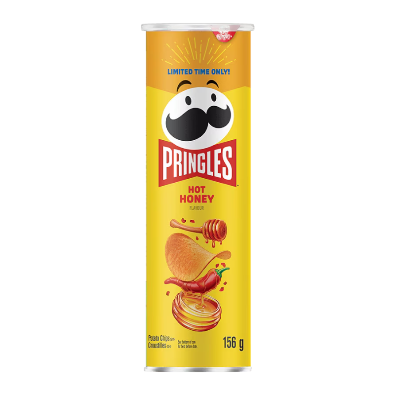 Front of Pringles Hot Honey can showing bold yellow logo, hot honey flavor label, and image of a potato chip with honey and chili design (156g pack)