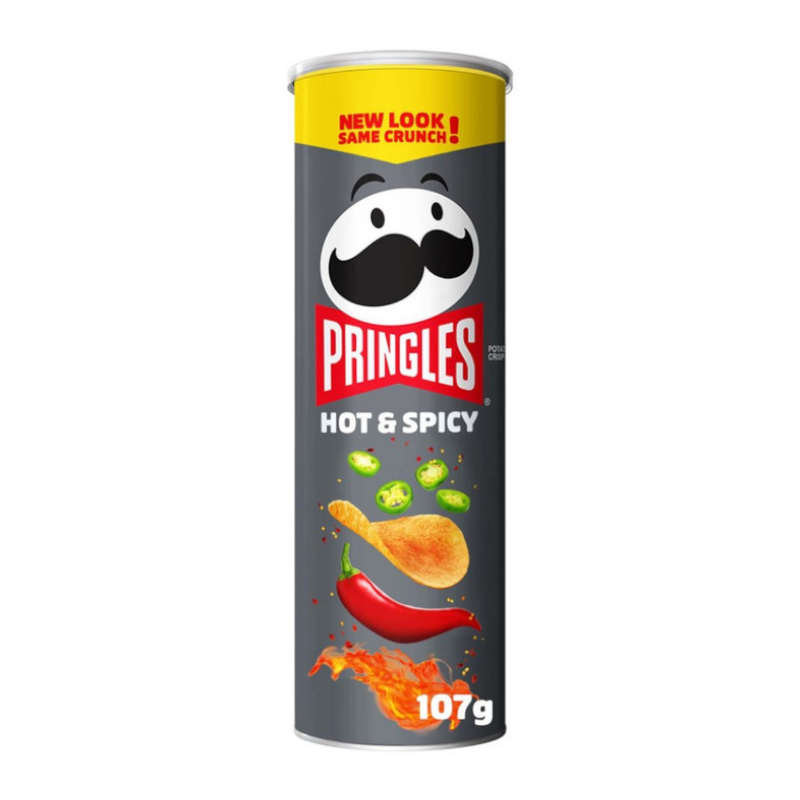 Front of Pringles Hot & Spicy can featuring a bold red logo, hot and spicy flavour elements, and pack size of 107g