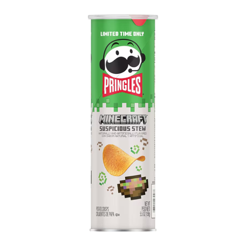 Front of Pringles Minecraft Suspicious Stew canister featuring the logo, playful graphics, and image of a potato crisp (156g pack)