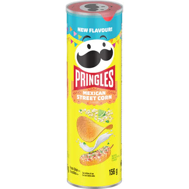 Front of Pringles Mexican Street Corn tube showing bright yellow packaging, logo, and illustrations of Mexican street corn (156g pack)