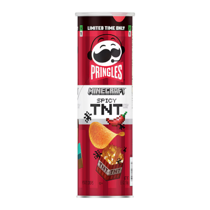 Front of Pringles Limited Edition Minecraft Spicy TNT canister featuring red packaging, Minecraft design, and spicy flavour label (158g pack)