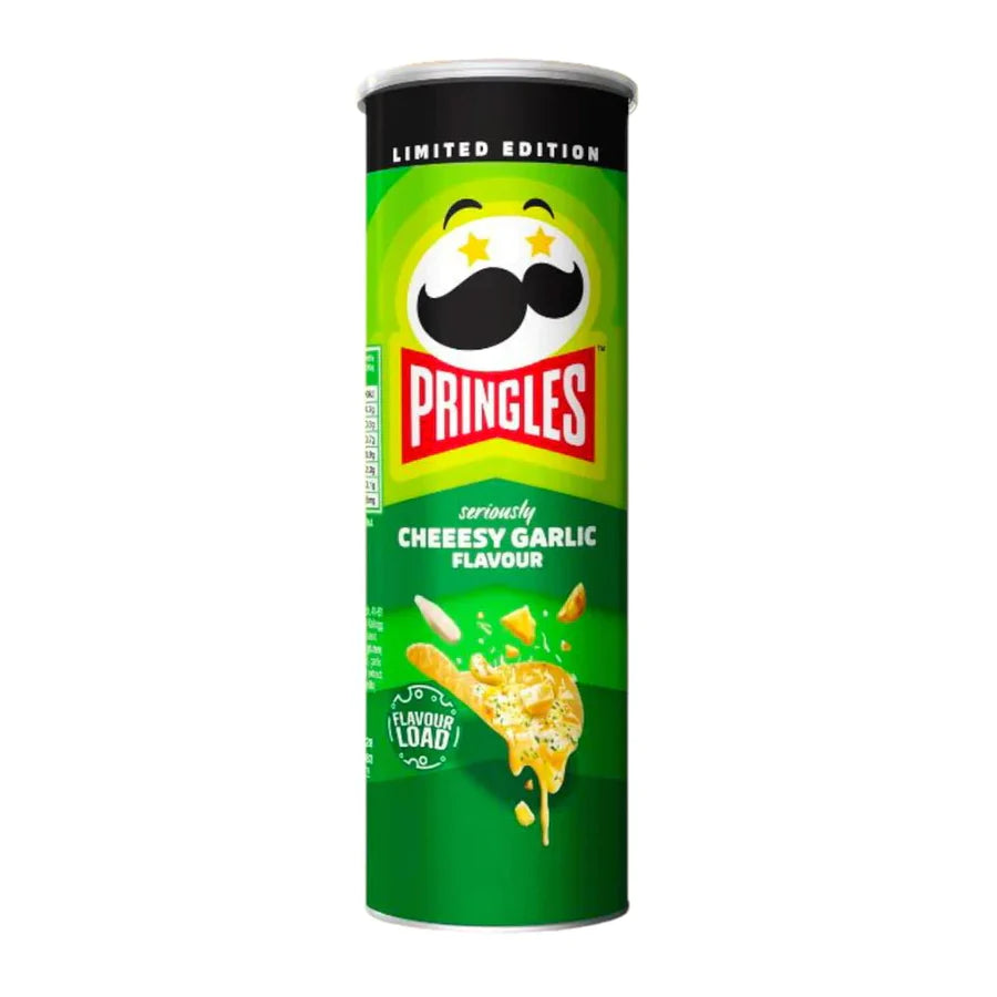 Front of Pringles Rich Cheesy Garlic can showing bold logo, garlic and cheese flavour label, and crunchy crisps imagery (102g pack)