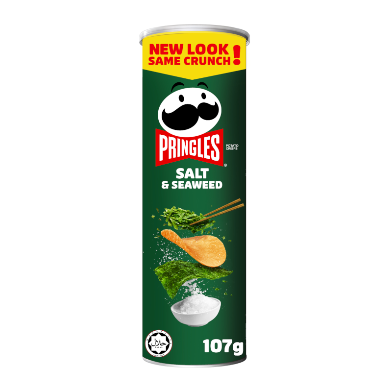 Front of Pringles Salt & Seaweed tube showing green design, the Pringles logo, and images of seaweed and salt (107g pack)