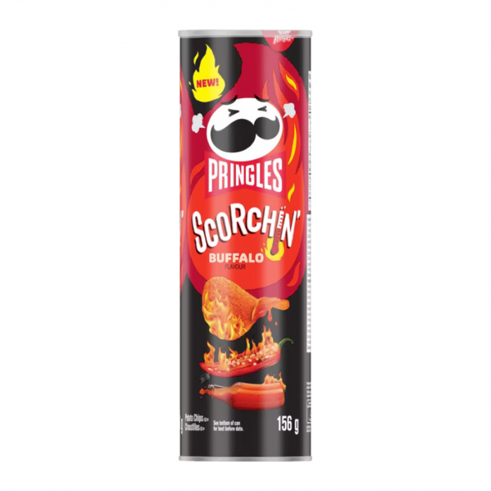 Front of a Pringles Scorchin Buffalo tube featuring the bold red and black design, buffalo flavour label, and pack size of 156g.