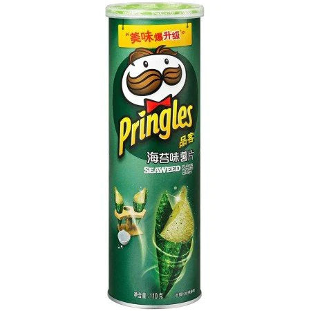 Front of Pringles Salt & Seaweed can showcasing the iconic logo, seaweed flavour label, and pack size (110g).